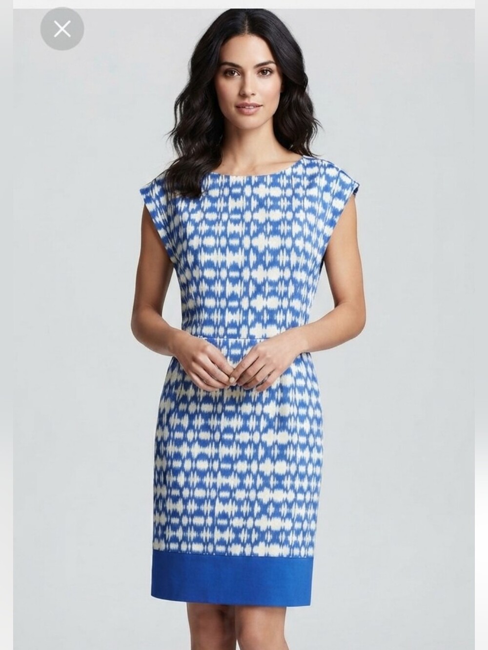 Eliza J‎ Women's Sheath Dress Size 12 Blue White Ikat Print Cap Sleeve Polyester